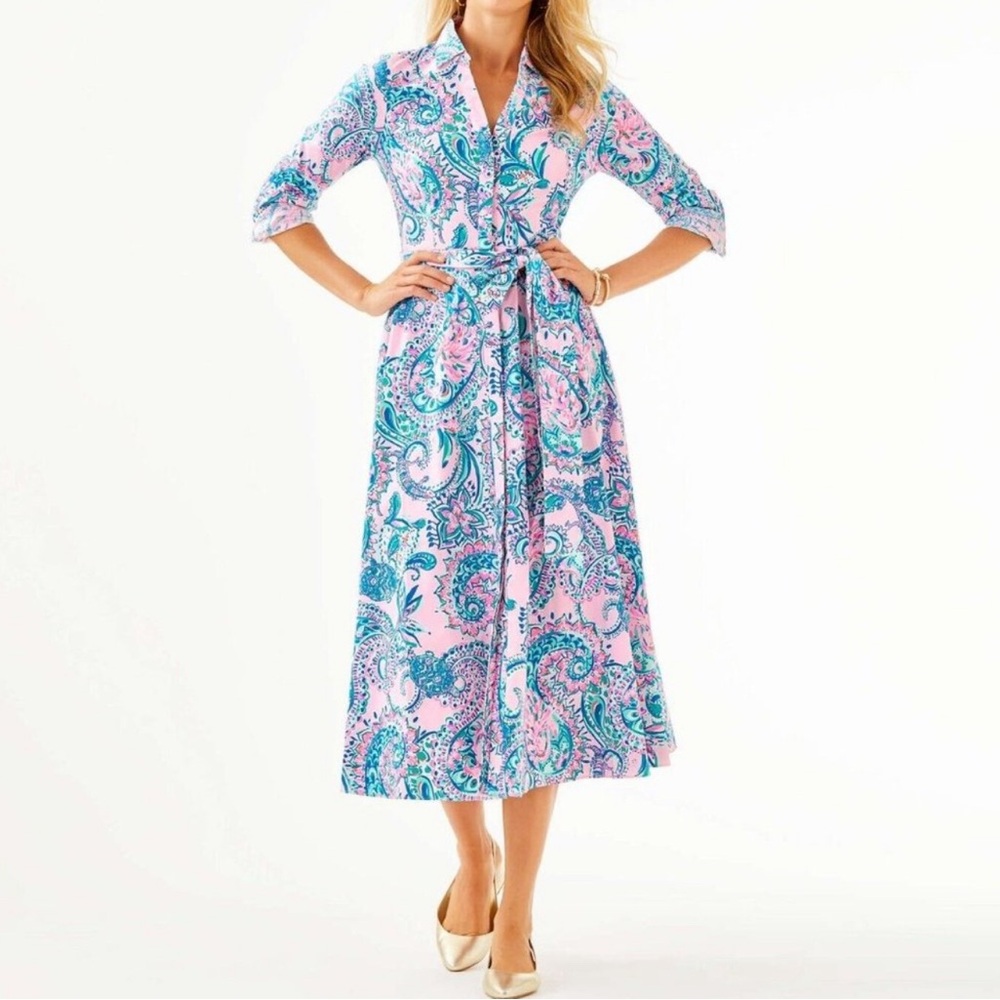 Lilly Pulitzer Mira Stretch Midi Shirt Dress Pink Tropics Tangerine Dream (10)